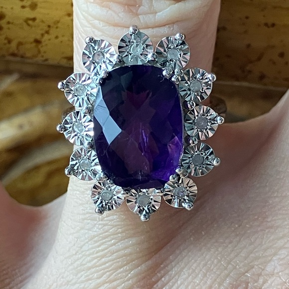 African Amethyst White Diamond Sterling Silver Ring Size 7